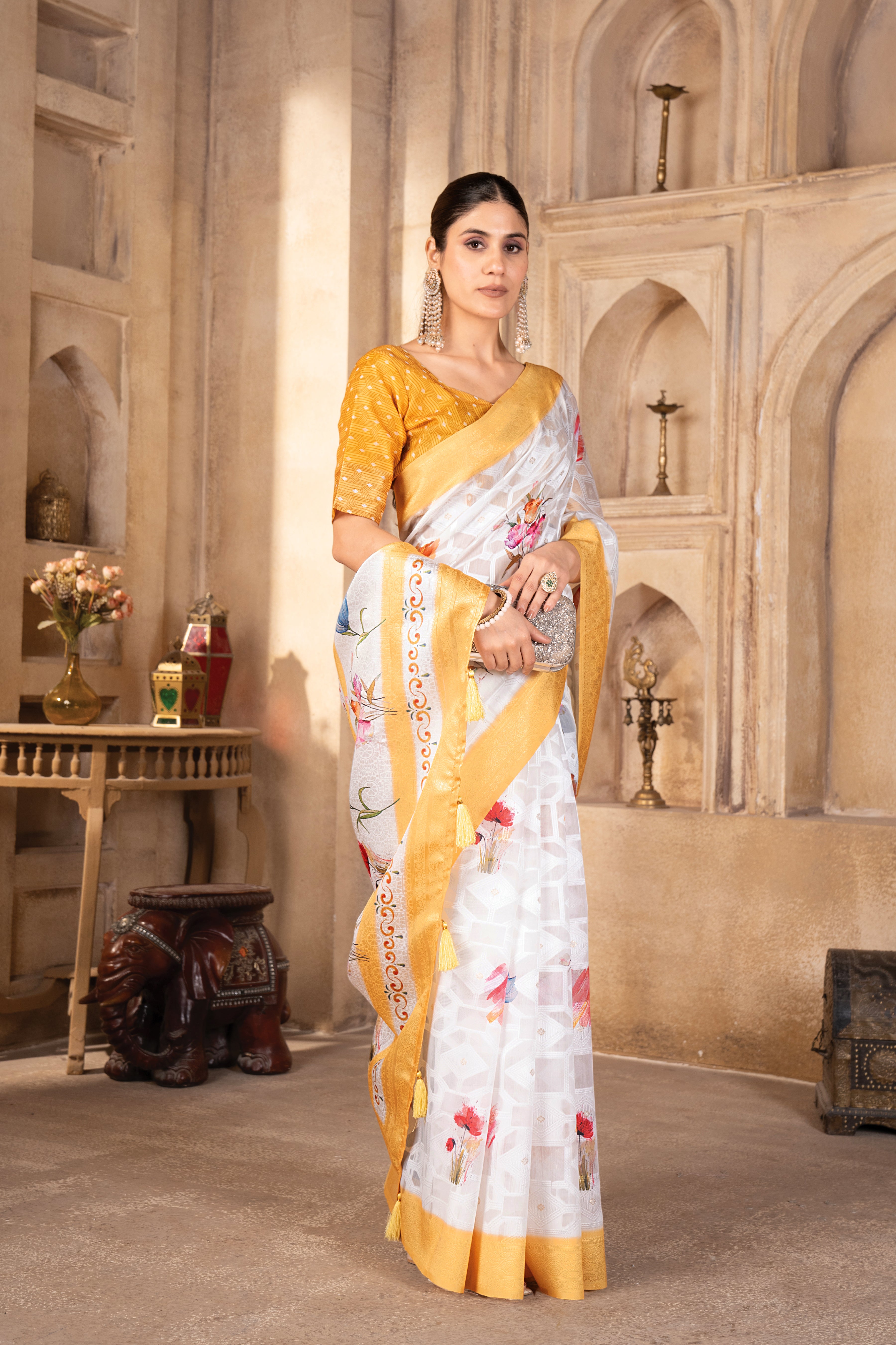 Pranamita Lakhnavi Yellow Blend Cotton Floral Digital Print Saree